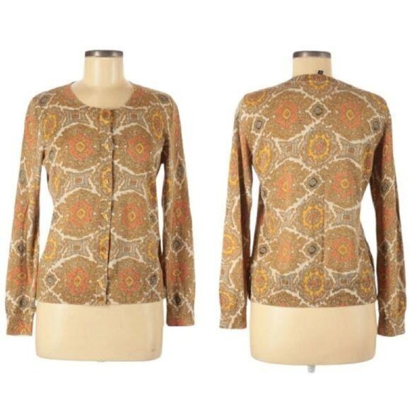 Talbots Cardigan Cotton Button Retro 70s Geek Secretary Grannycore Medallion M - Picture 1 of 11